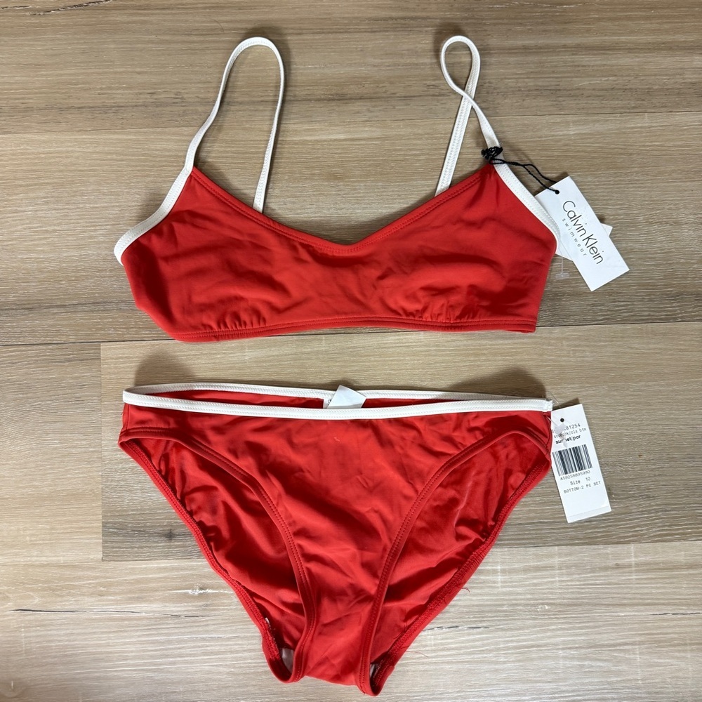 Calvin Klein Swimwear NWT Red Orange Bikini with White Trim | Size 10